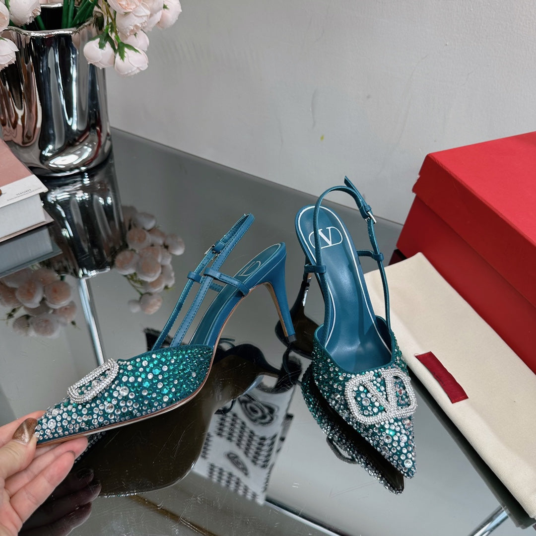 Vlogo Signature Slingback 70 Dark Blue Calfskin With Crystals