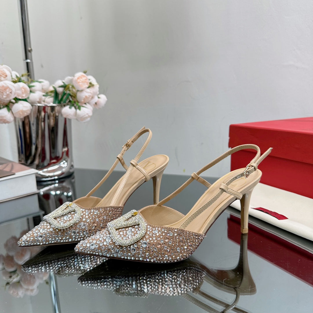 Vlogo Signature Slingback 70 Beige Calfskin With Crystals