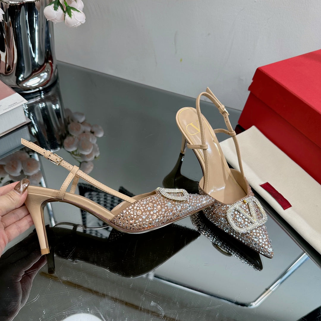 Vlogo Signature Slingback 70 Beige Calfskin With Crystals