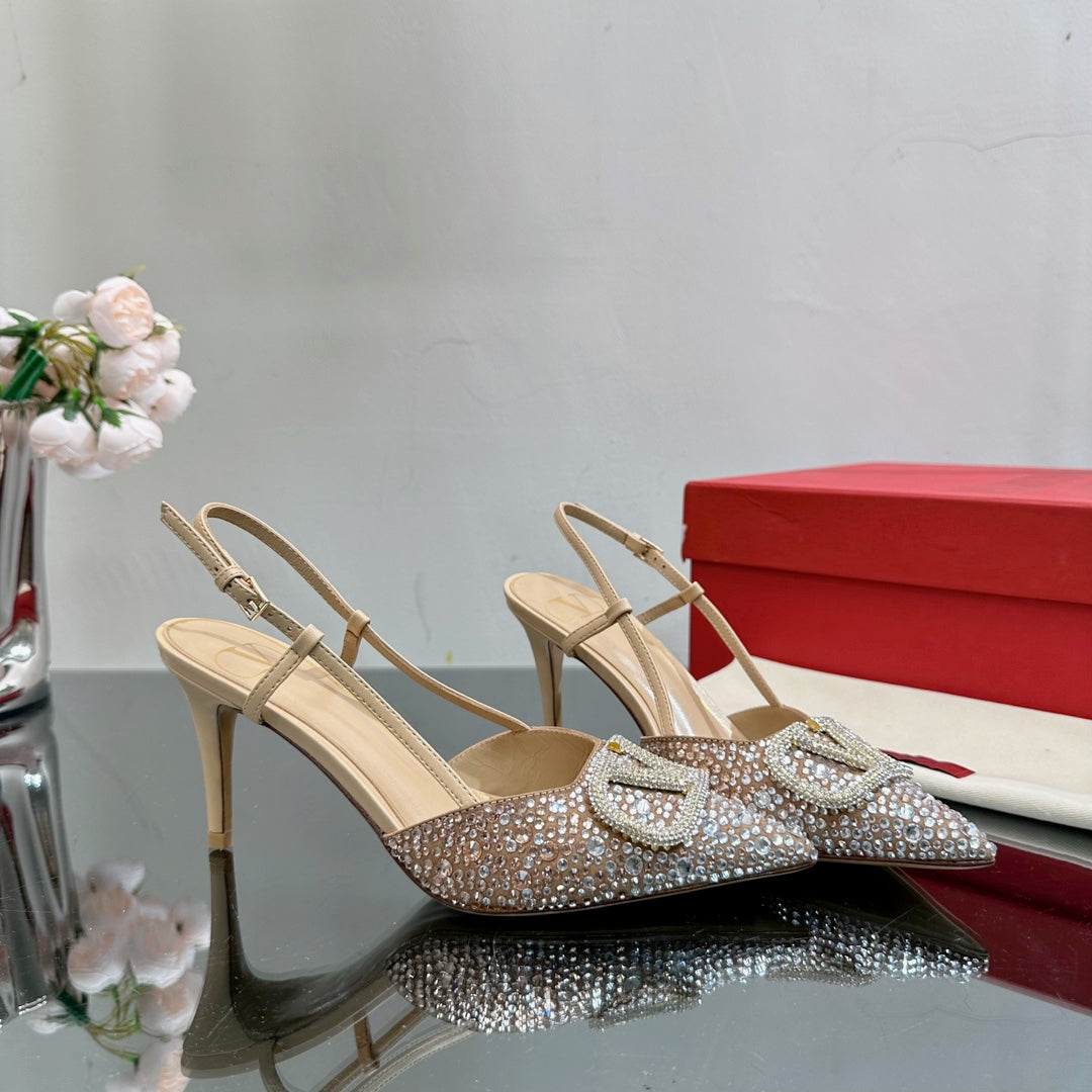 Vlogo Signature Slingback 70 Beige Calfskin With Crystals