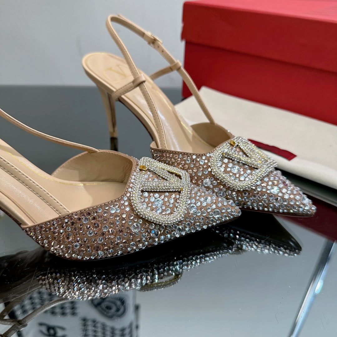 Vlogo Signature Slingback 70 Beige Calfskin With Crystals