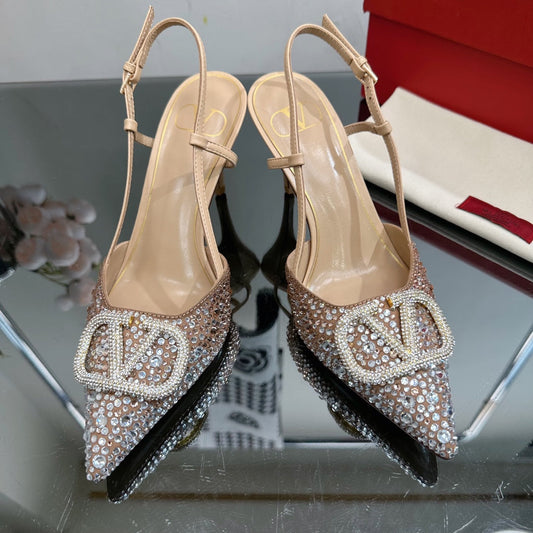 Vlogo Signature Slingback 70 Beige Calfskin With Crystals