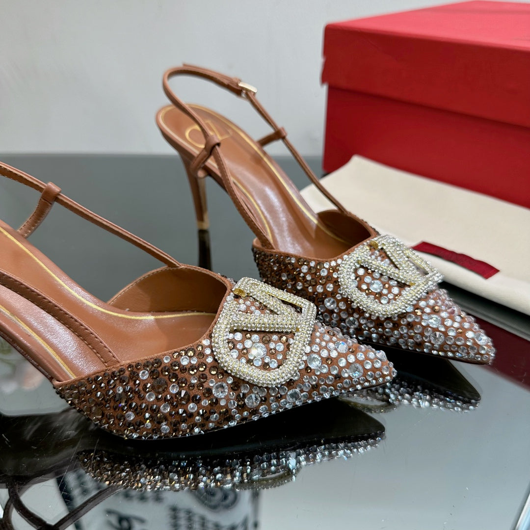 Vlogo Signature Slingback 70 Chocolate Calfskin With Crystals