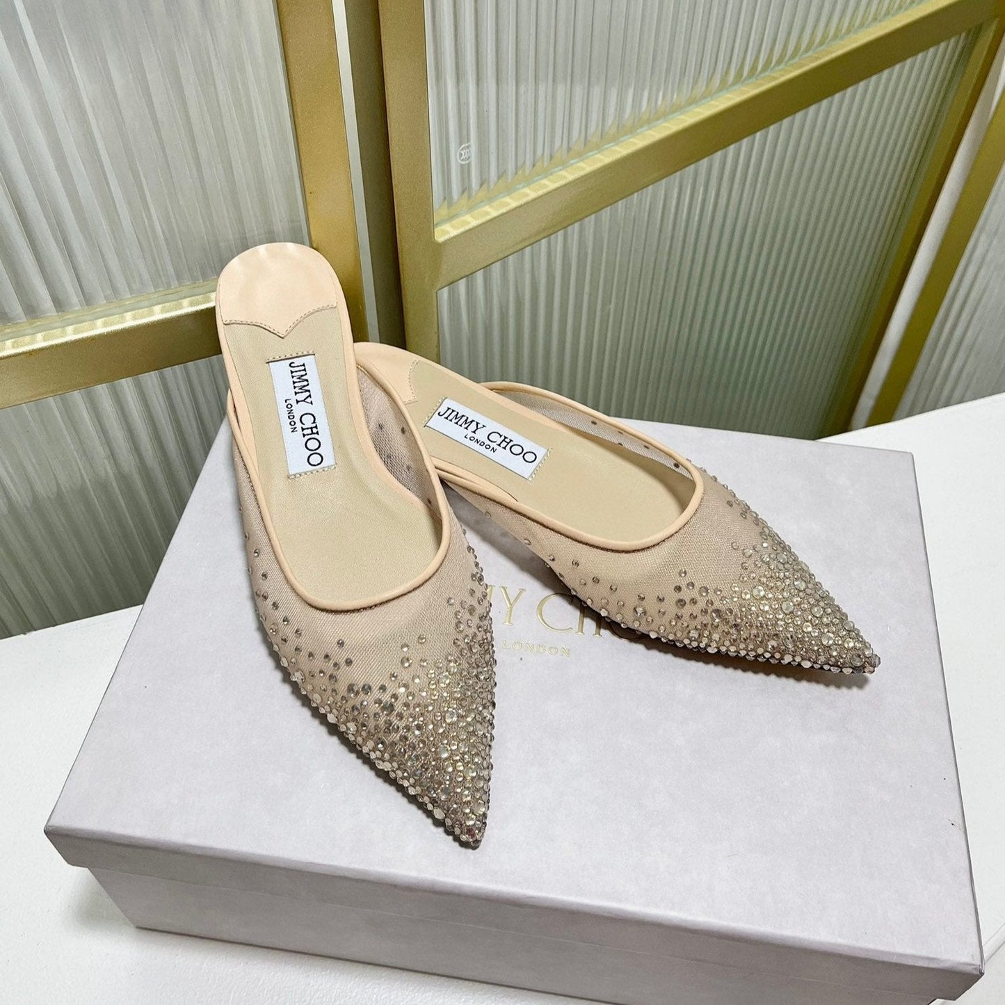 Jimmy Mule In Beige Mesh Fabric With Swarovski Crystal 597879