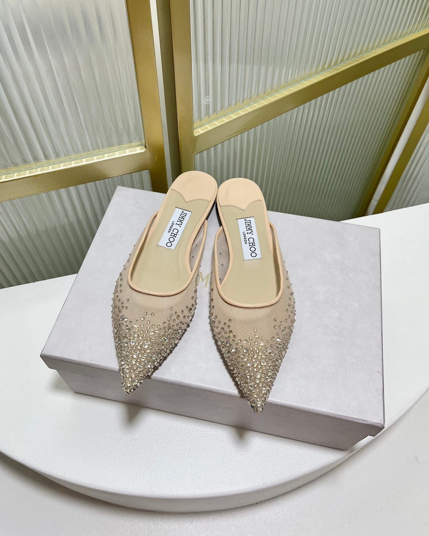 Jimmy Mule In Beige Mesh Fabric With Swarovski Crystal 597879