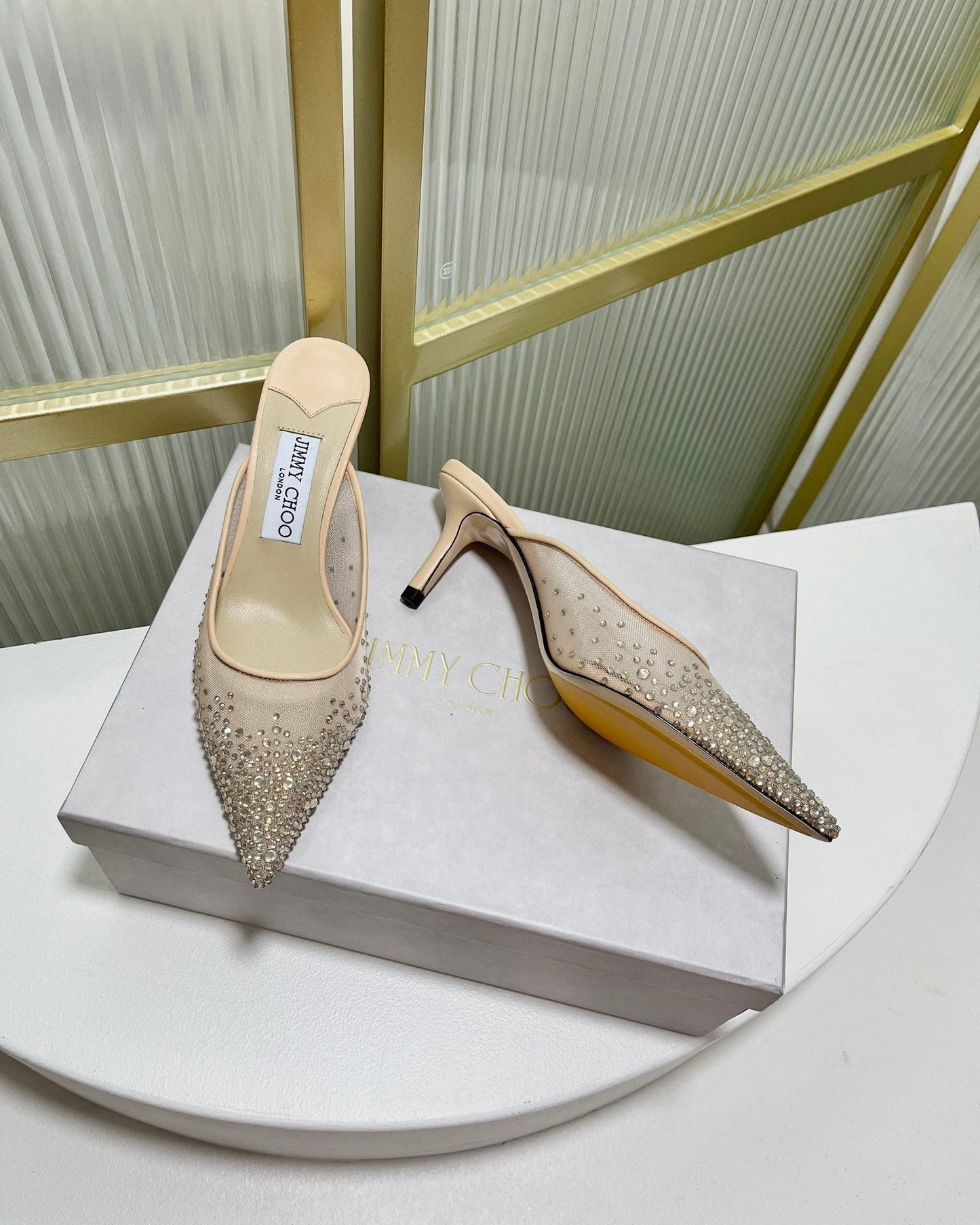 Jimmy Mule 65mm In Beige Mesh Fabric With Swarovski Crystal 597880