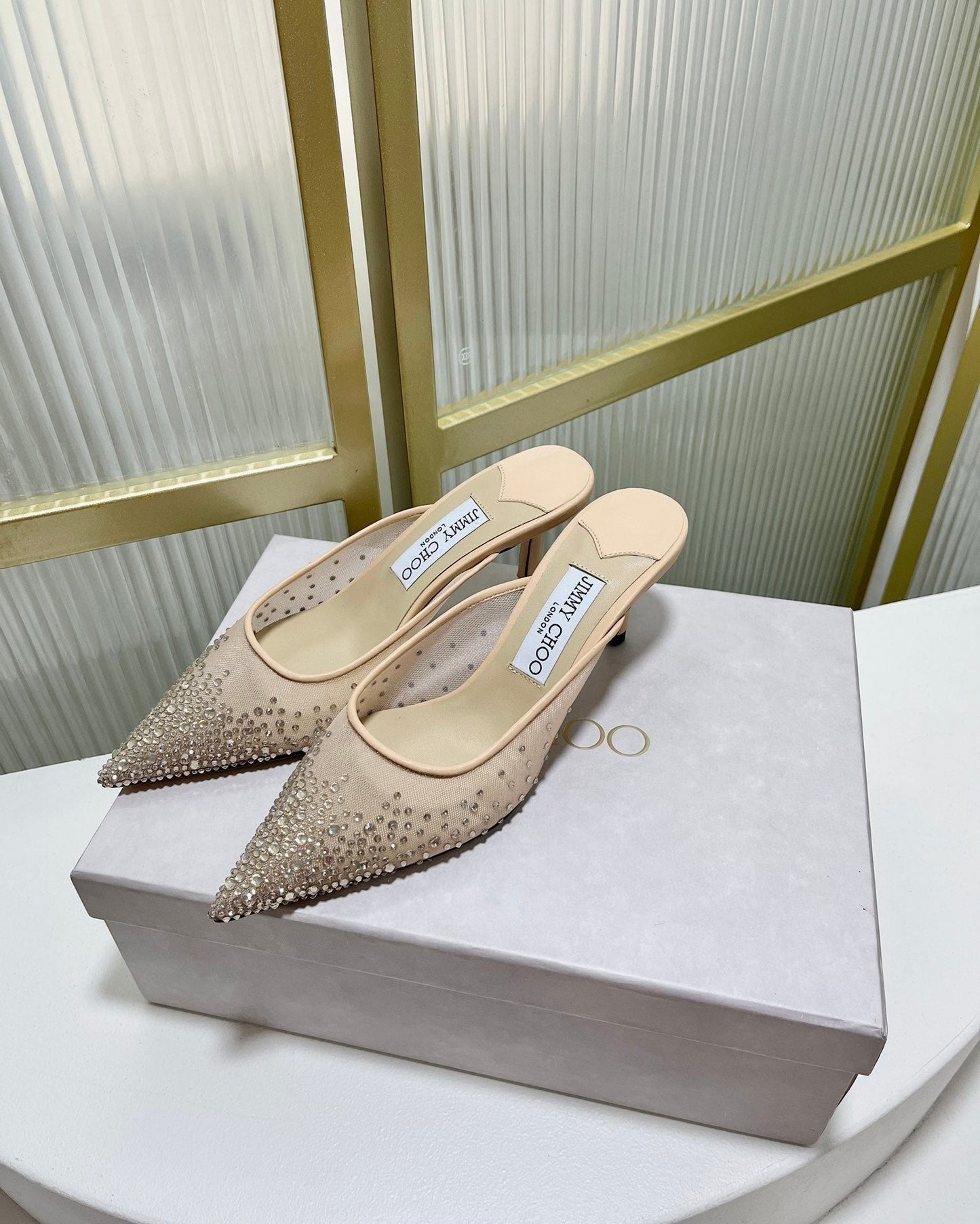 Jimmy Mule 65mm In Beige Mesh Fabric With Swarovski Crystal 597880