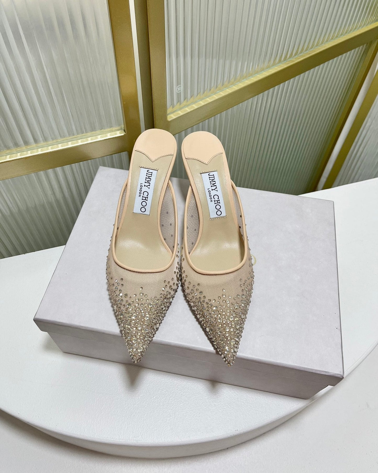 Jimmy Mule 65mm In Beige Mesh Fabric With Swarovski Crystal 597880