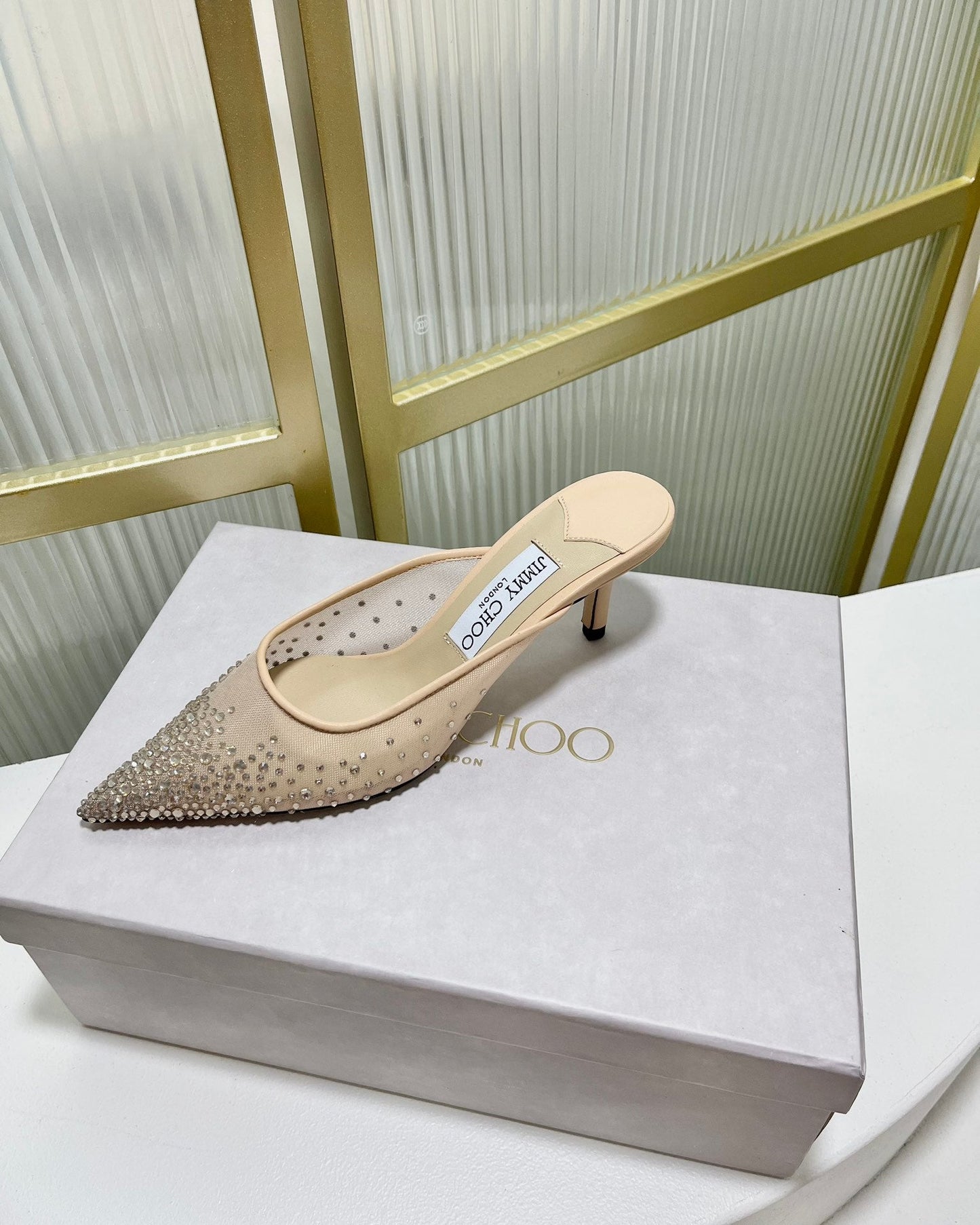 Jimmy Mule 65mm In Beige Mesh Fabric With Swarovski Crystal 597880