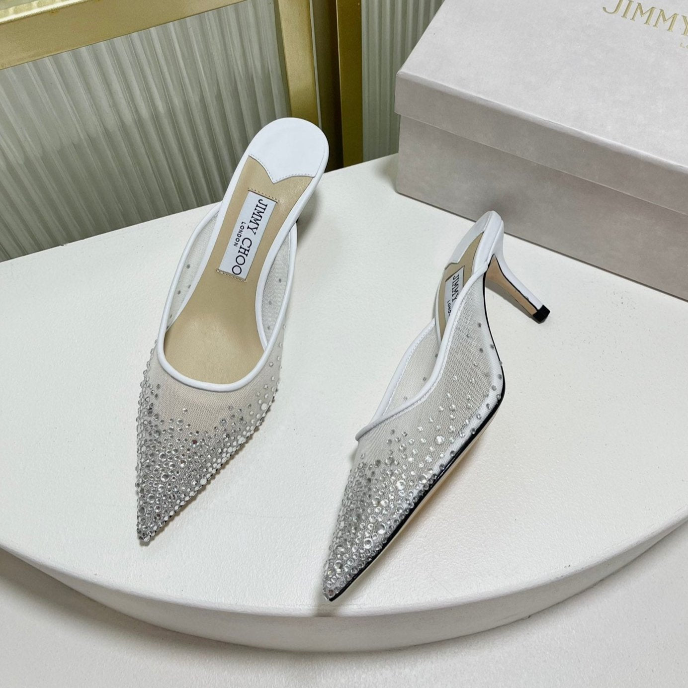 Jimmy Mule 65mm In White Mesh Fabric With Swarovski Crystal 597885