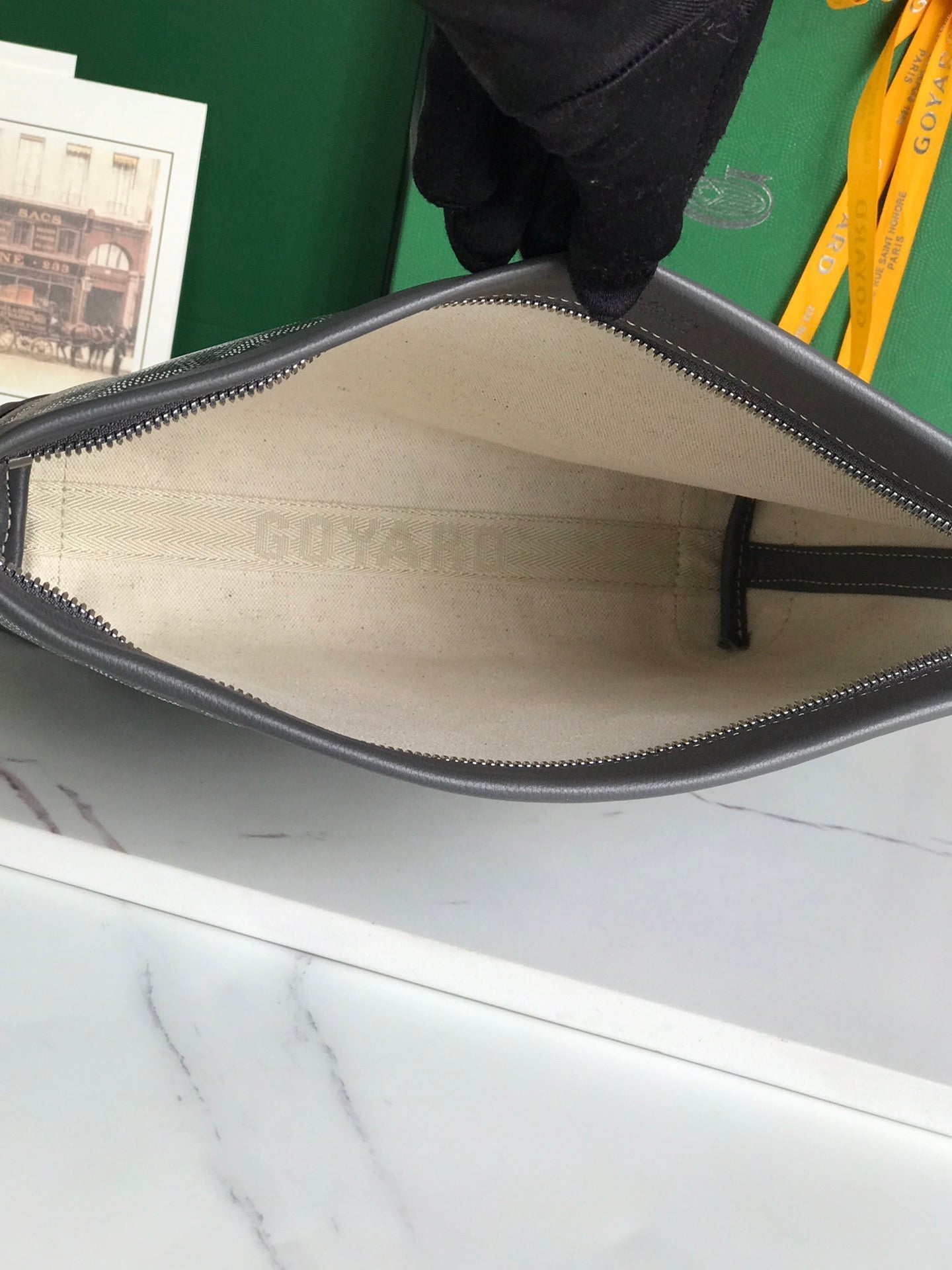 CONTI POUCH 24 IN GREY BLACK LAMBSKIN AND GOYARDINE CANVAS