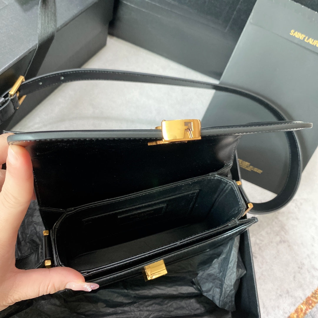 SOLFERINO SMALL SATCHEL 19 IN BLACK CALFSKIN GOLD LOGO