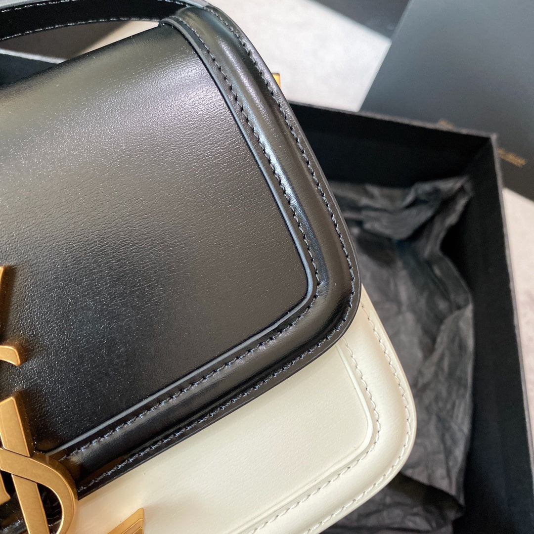 SOLFERINO SMALL SATCHEL 19 IN BLACK MIX WHITE CALFSKIN GOLD LOGO