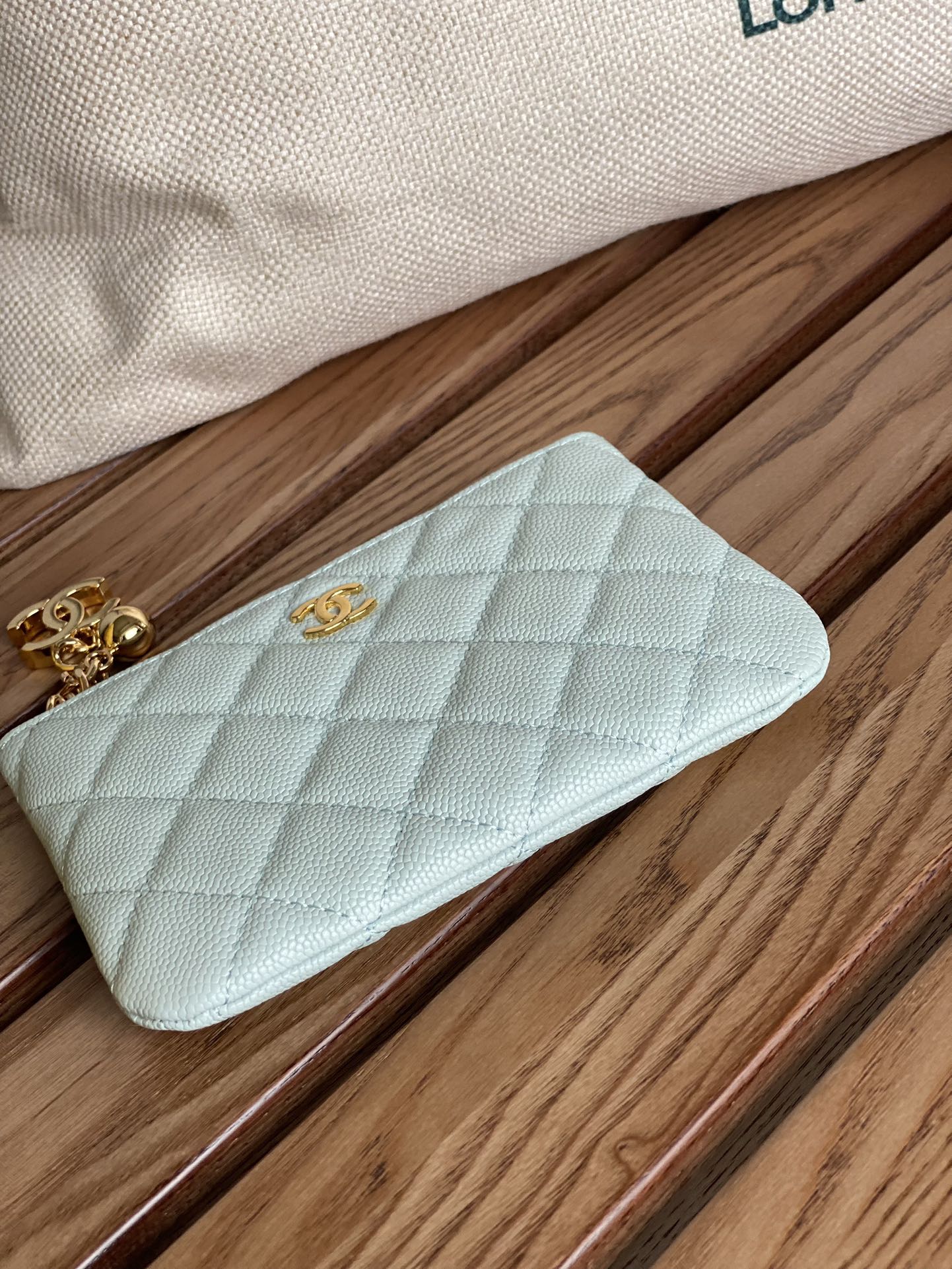 cc zipped wallet 14cm light cloud blue caviar gold hardware