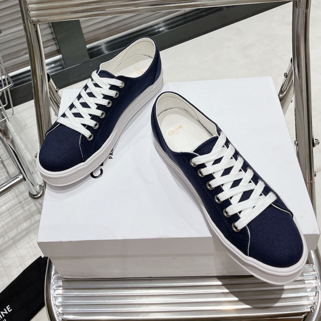 JANE SNEAKERS LOW LACE-UP WITH TRIOMPHE PATCH IN CANVAS AND CALFSKIN NAVY/WHITE LOGO