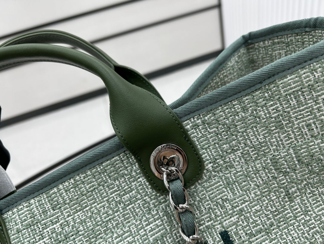 CC Deauville Tweed Bag Green Leather Silver Hardware 7