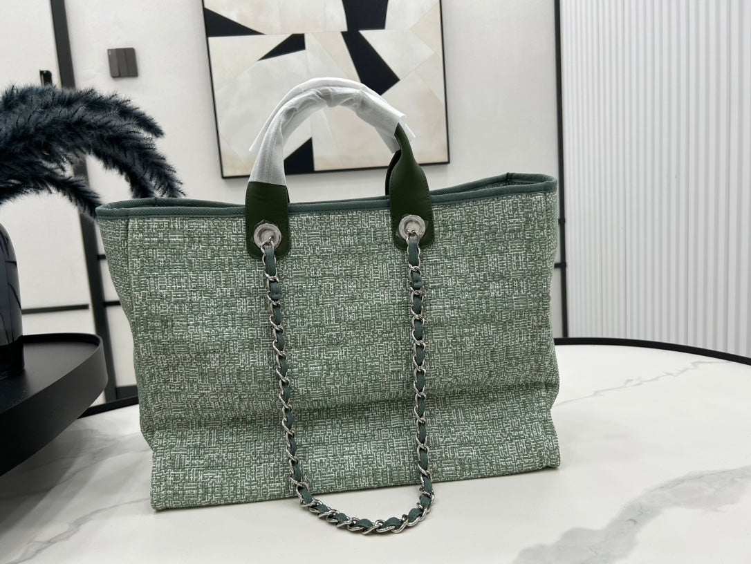 CC Deauville Tweed Bag Green Leather Silver Hardware 7