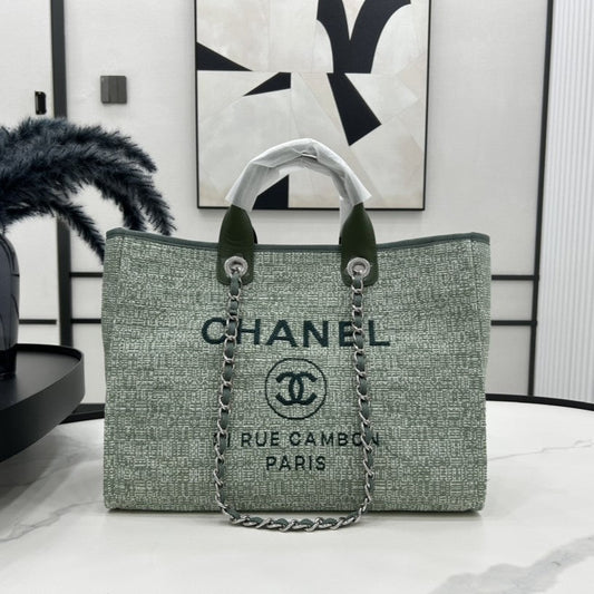 CC Deauville Tweed Bag Green Leather Silver Hardware 7