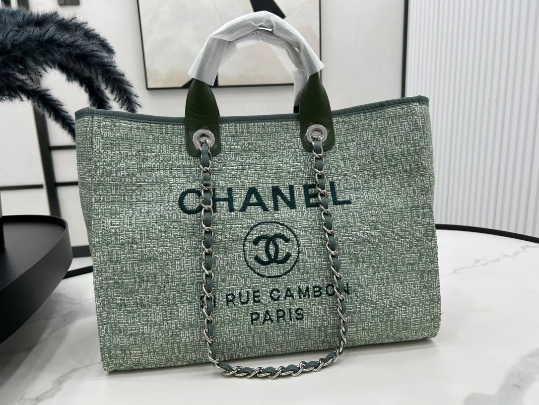 CC Deauville Tweed Bag Green Leather Silver Hardware 7