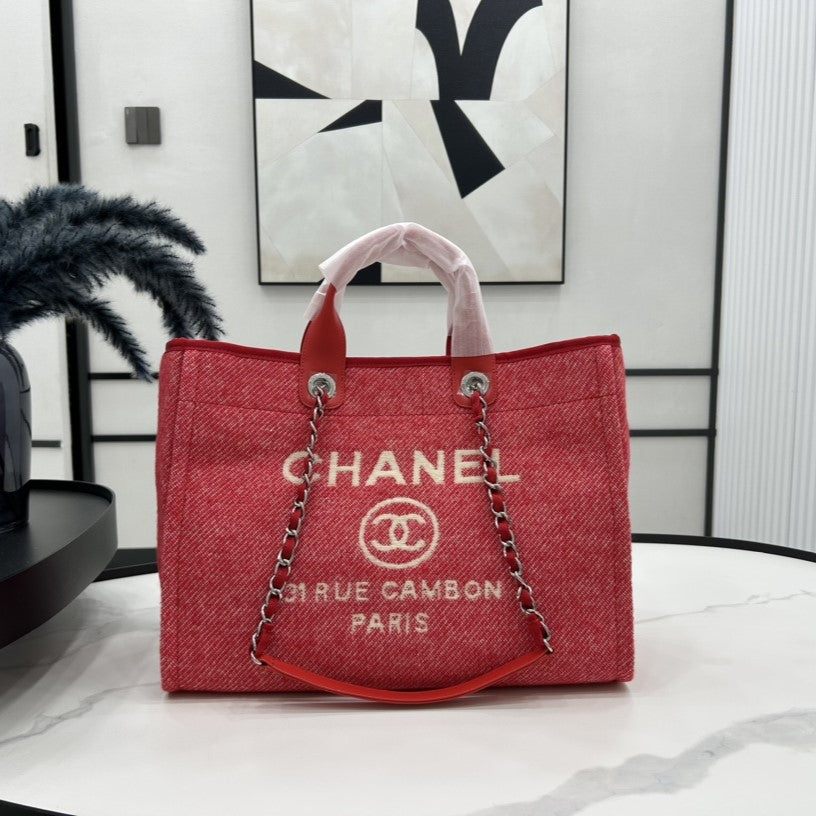 CC Deauville Tweed Bag Red Leather Silver Hardware 11