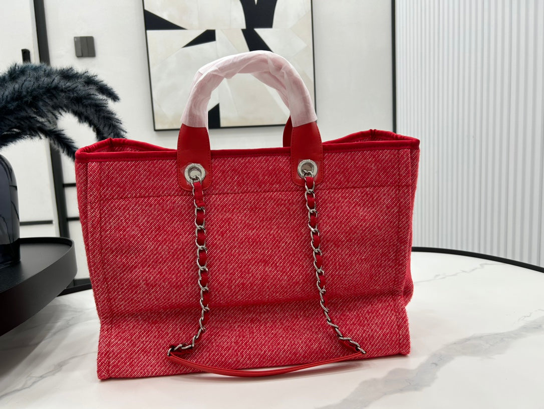 CC Deauville Tweed Bag Red Leather Silver Hardware 11