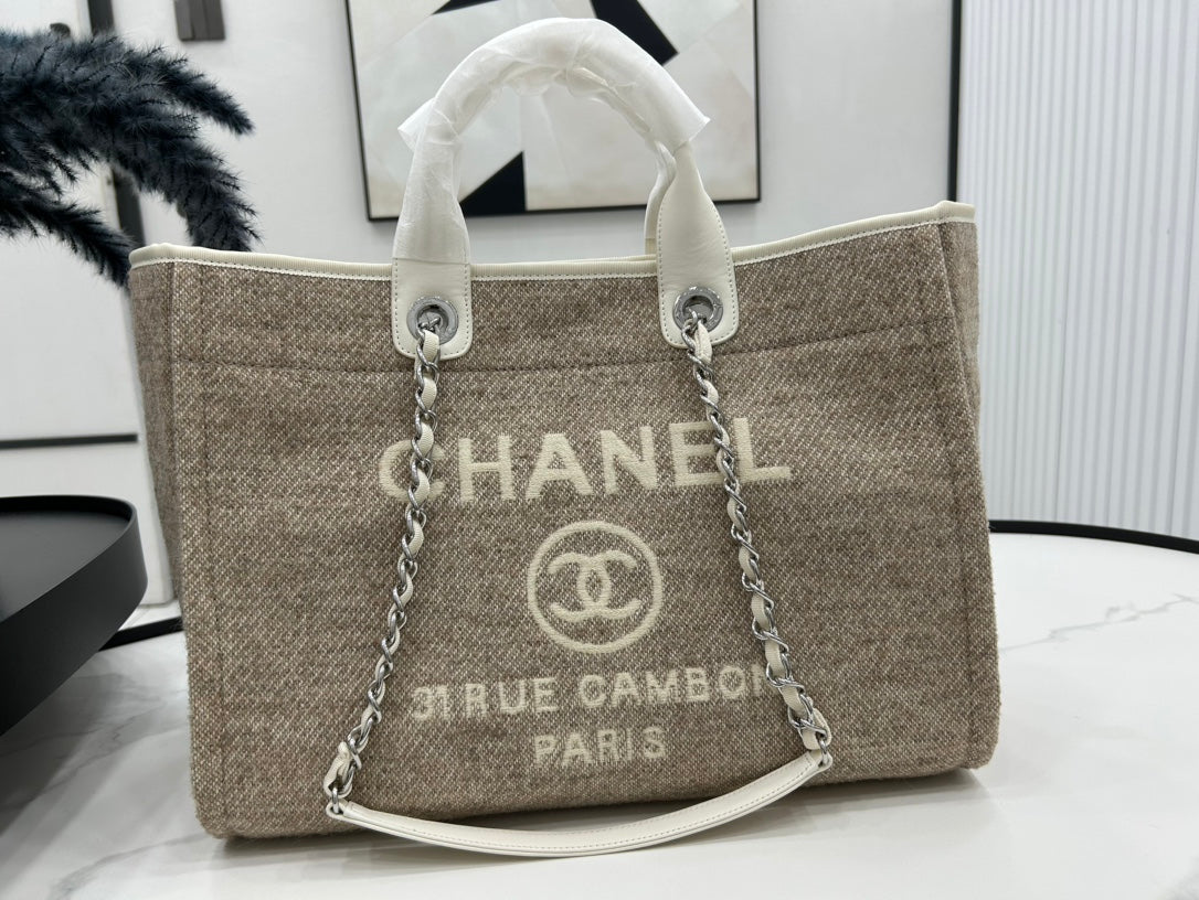 CC Deauville Tweed Bag White Leather Silver Hardware 13