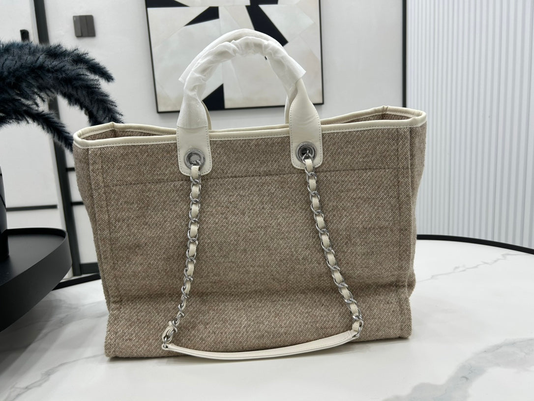 CC Deauville Tweed Bag White Leather Silver Hardware 13