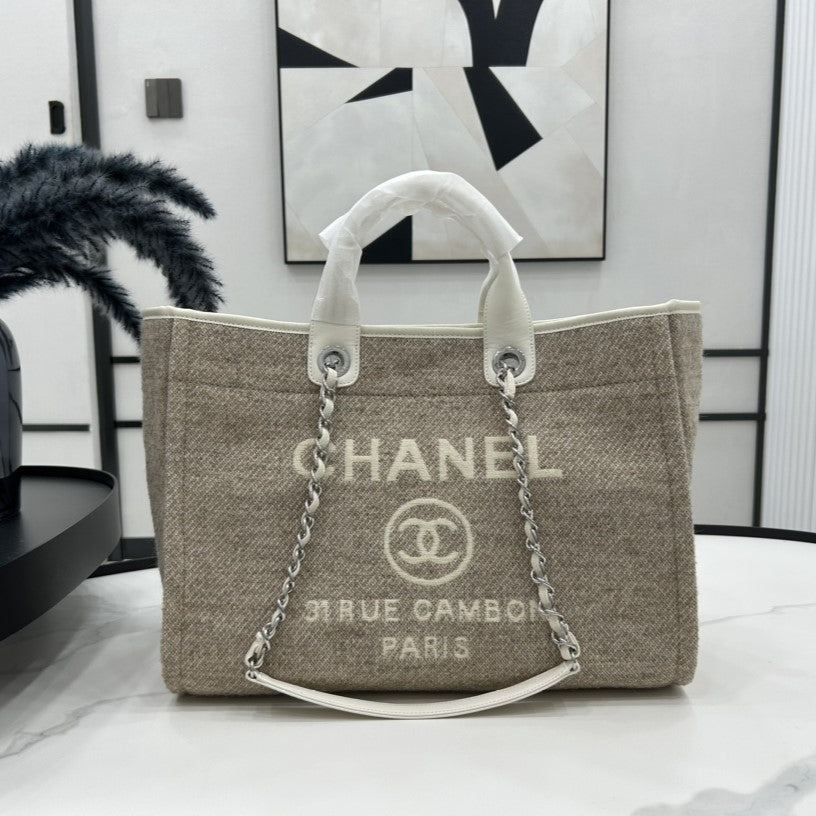 CC Deauville Tweed Bag White Leather Silver Hardware 13