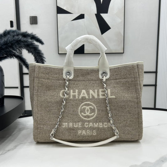 CC Deauville Tweed Bag White Leather Silver Hardware 13