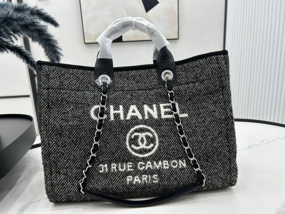 CC Deauville Tweed Bag Black Leather Silver Hardware 14