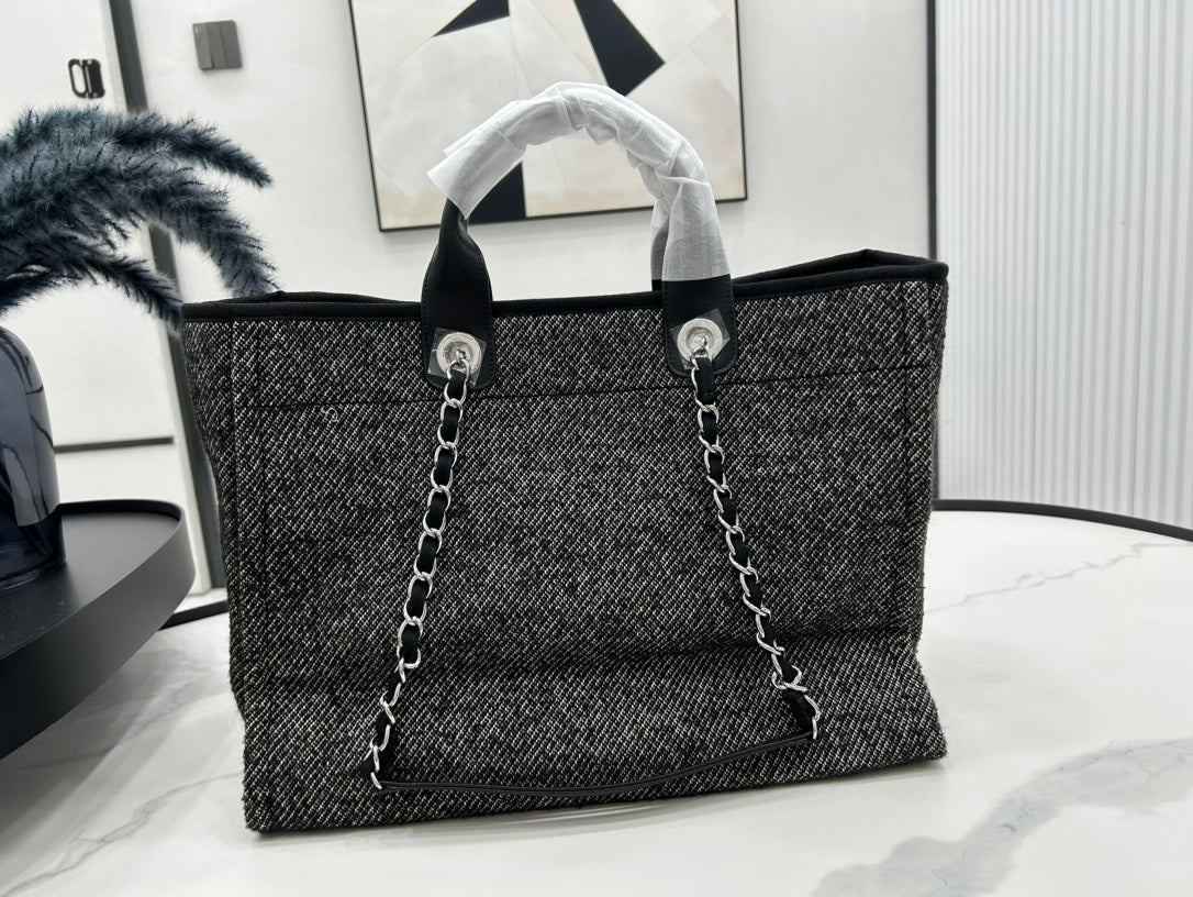 CC Deauville Tweed Bag Black Leather Silver Hardware 14