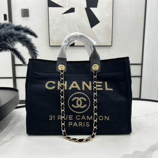 CC Deauville Tweed Bag Black Leather Gold Hardware 21