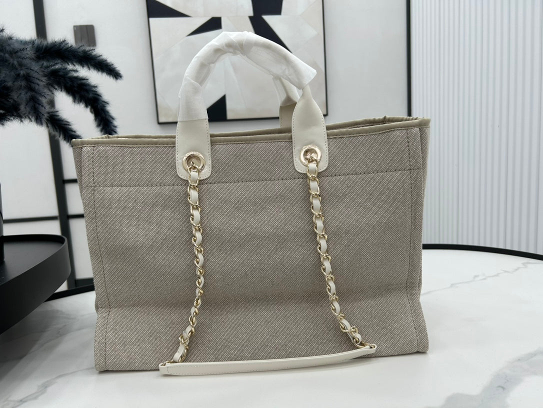 CC Deauville Tweed Bag White Leather Gold Hardware 28