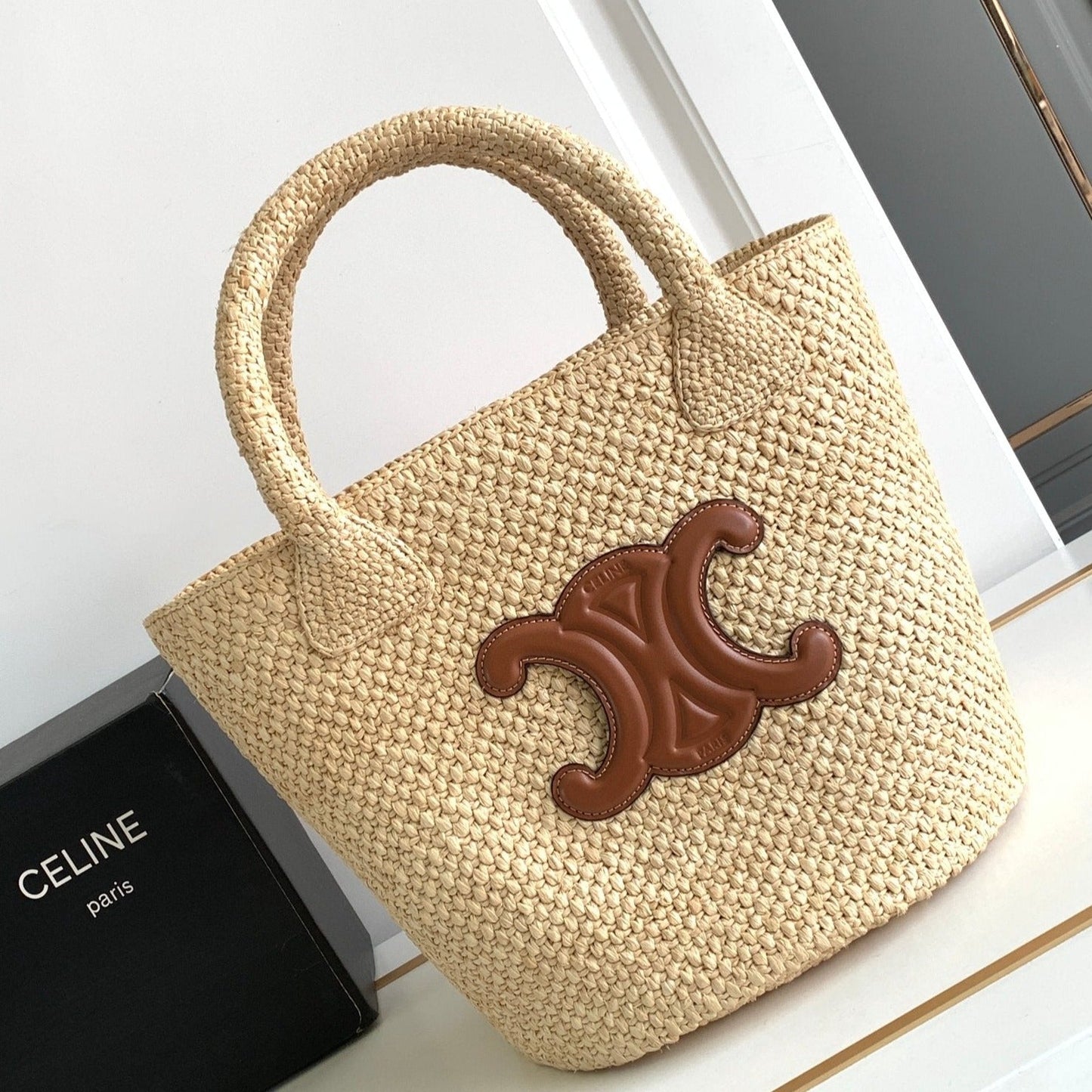 teen triomphe straw bucket bag 23cm raffia brown calfskin