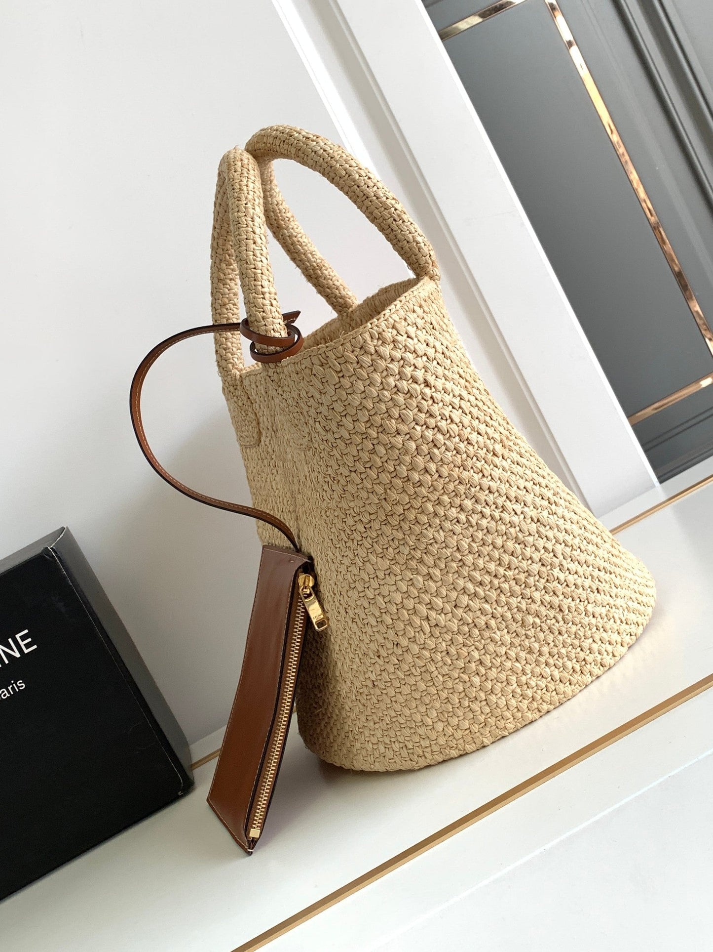 teen triomphe straw bucket bag 23cm raffia brown calfskin