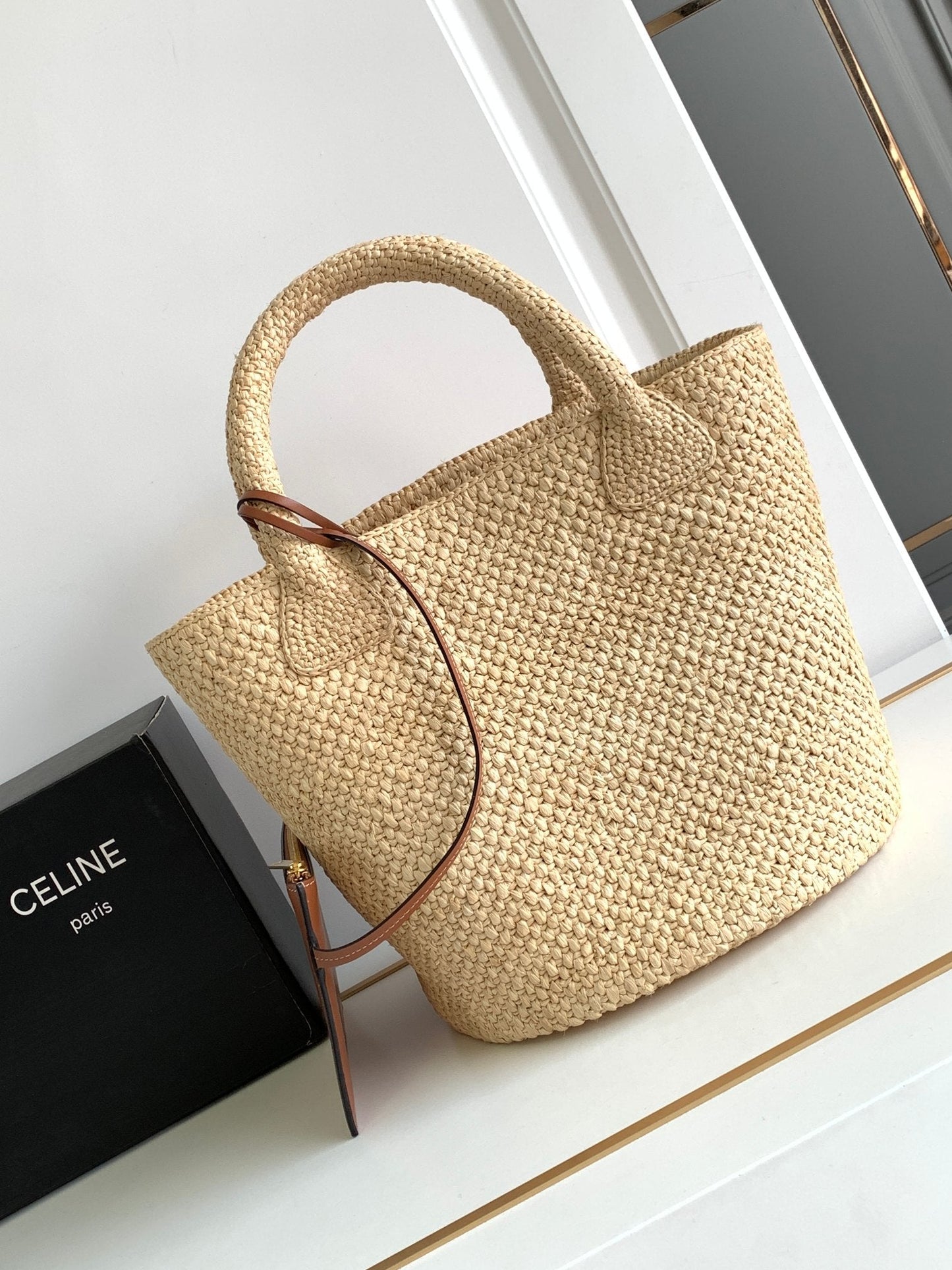 teen triomphe straw bucket bag 23cm raffia brown calfskin