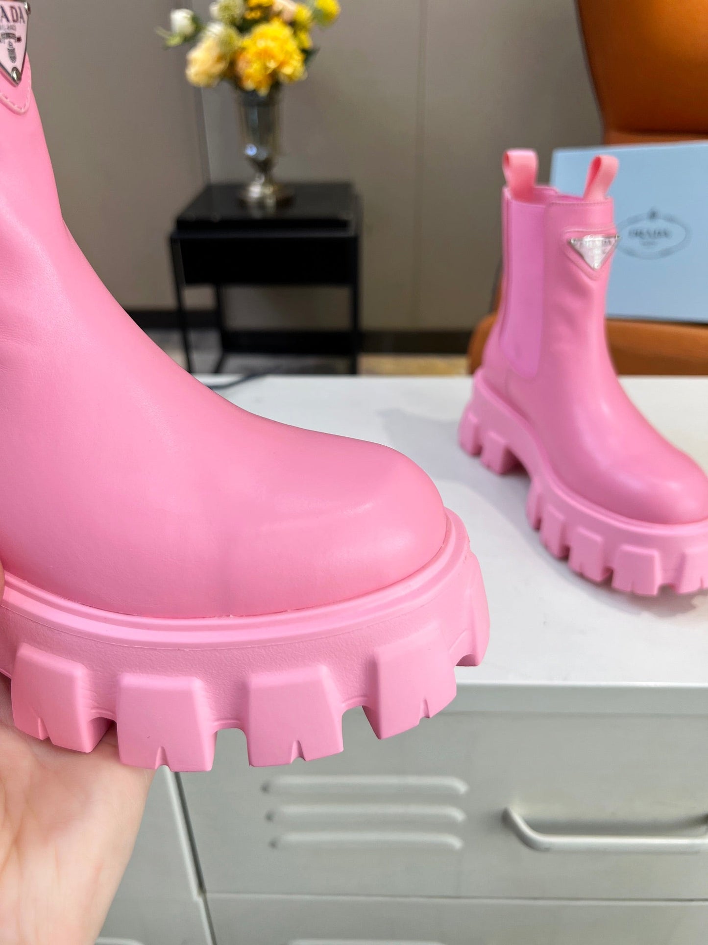 PRA MONOLITH BRUSHED BOOTIES 55 BRIGHT PINK CALFSKIN