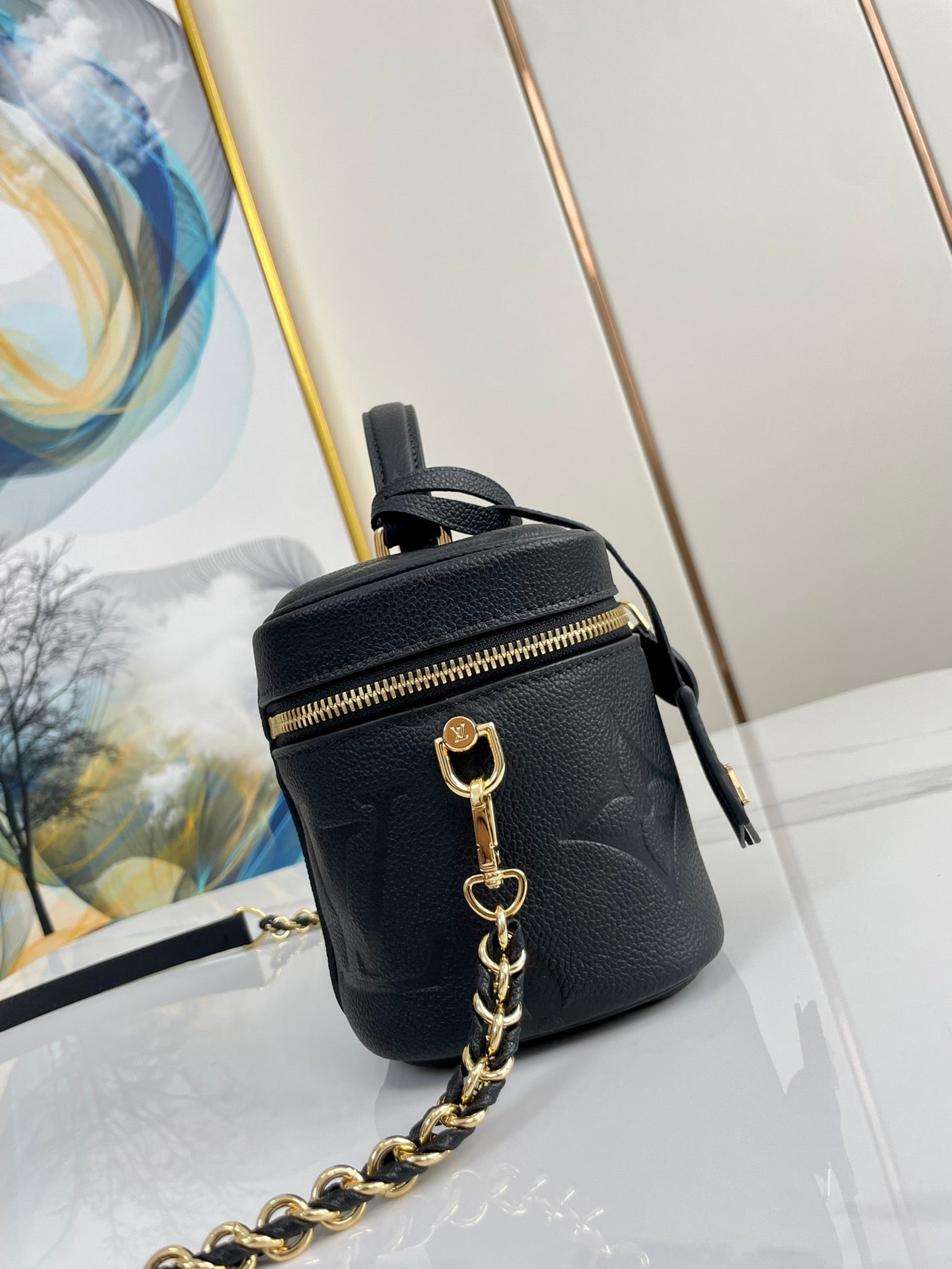 VANITY 19 IN BLACK MONOGRAM EMBOSSED CALFSKIN GOLD HARDWARE