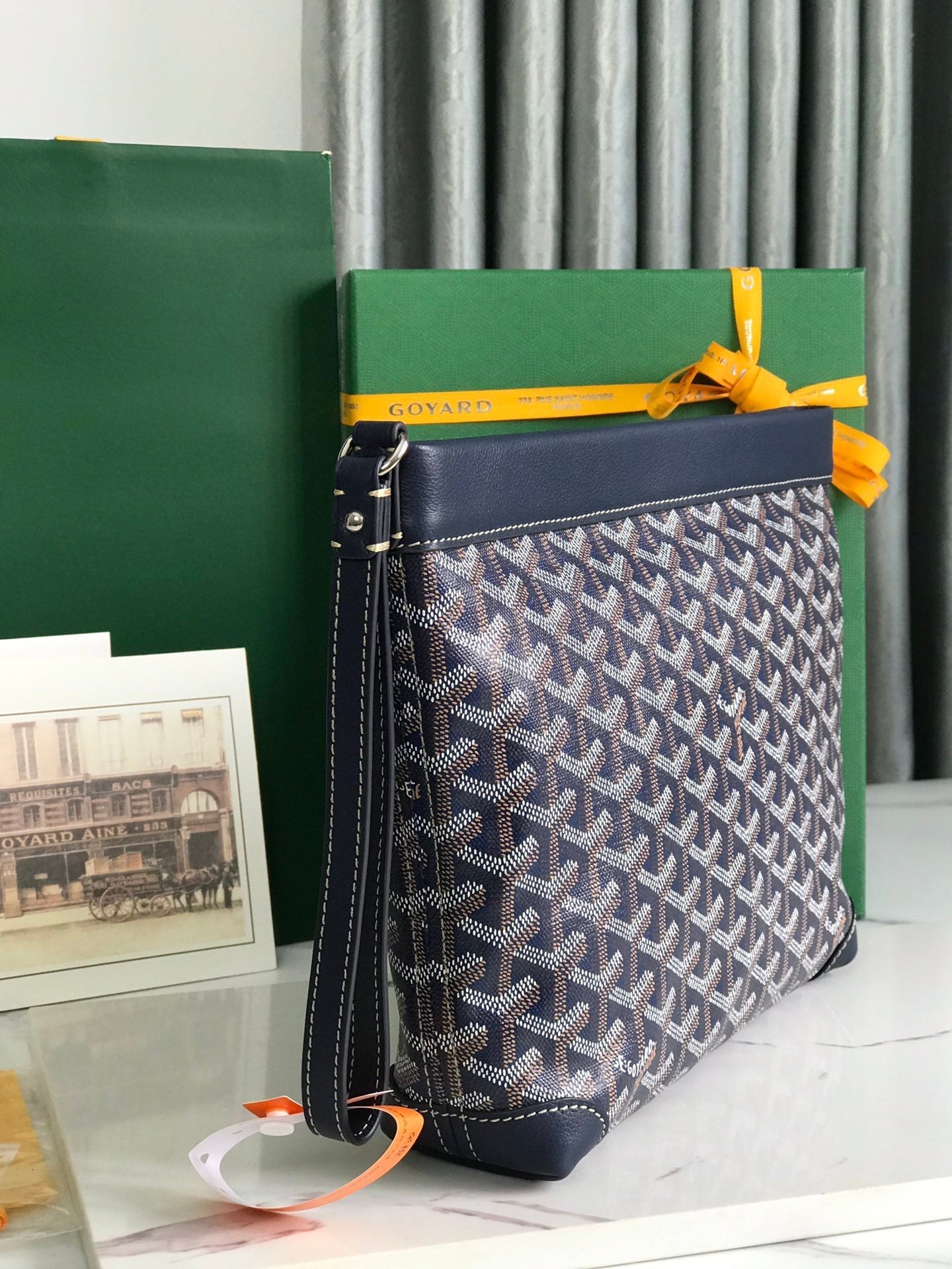 CONTI POUCH 24 IN NAVY BLUE LAMBSKIN AND GOYARDINE CANVAS