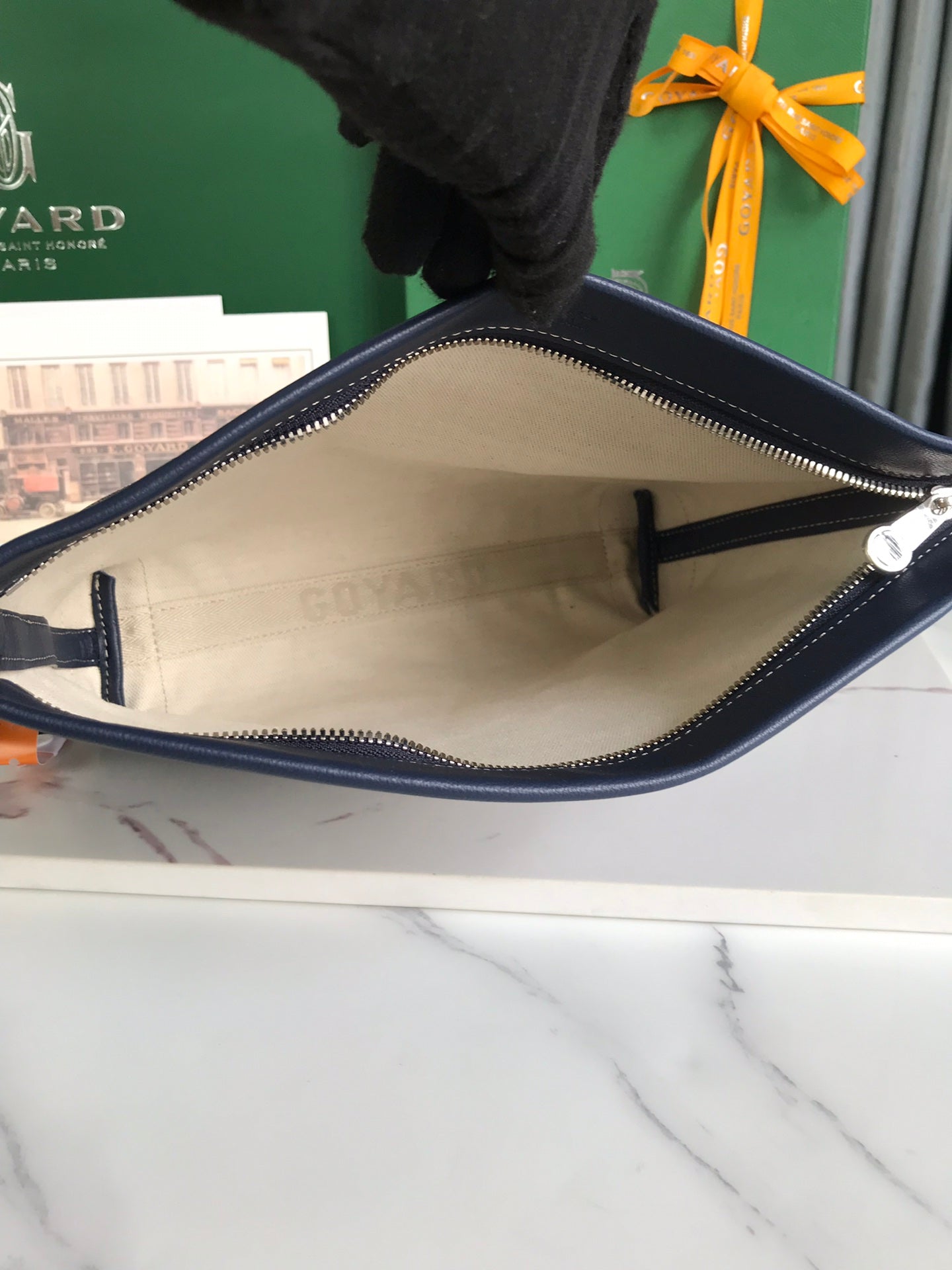 CONTI POUCH 24 IN NAVY BLUE LAMBSKIN AND GOYARDINE CANVAS