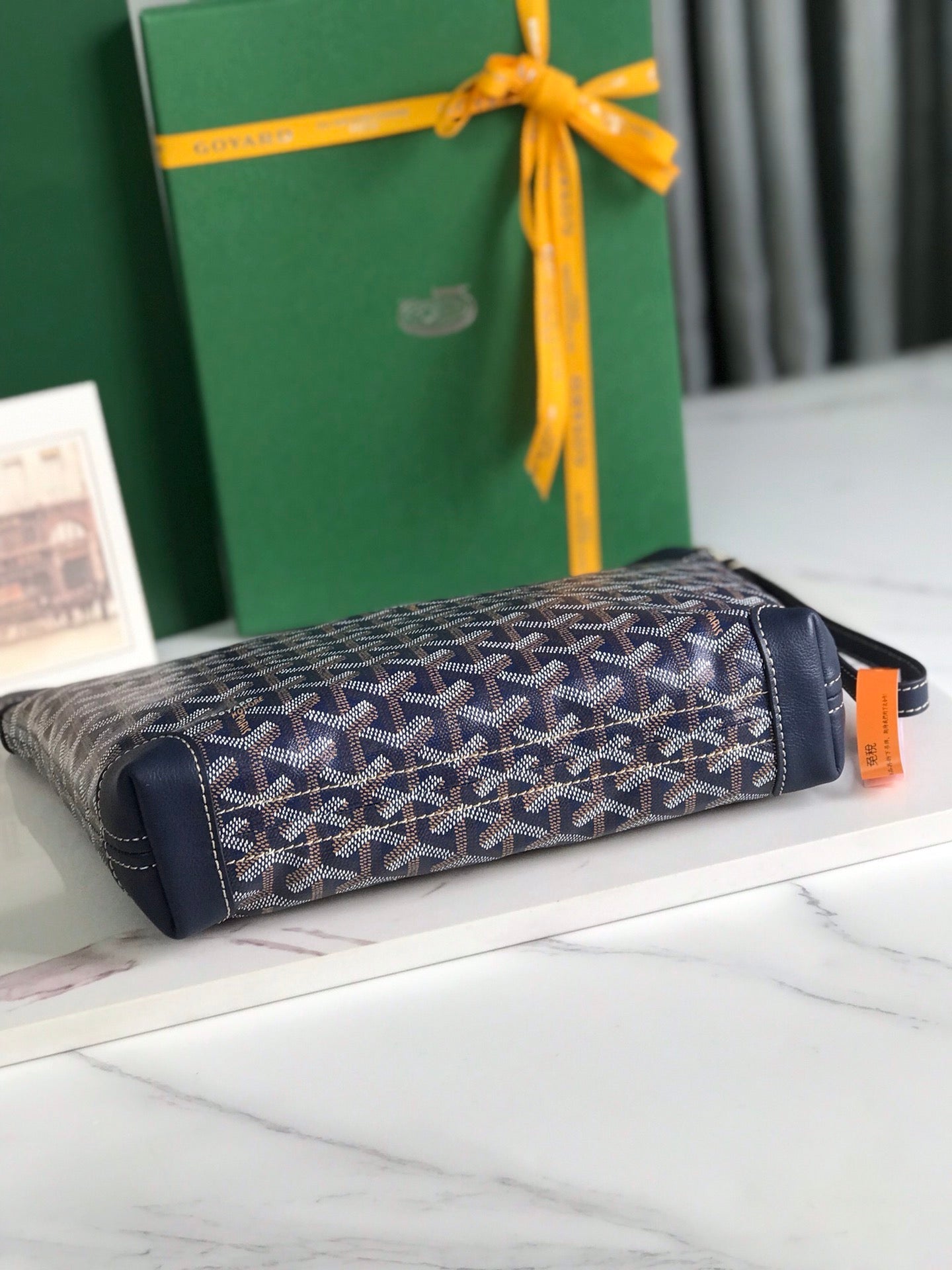 CONTI POUCH 24 IN NAVY BLUE LAMBSKIN AND GOYARDINE CANVAS