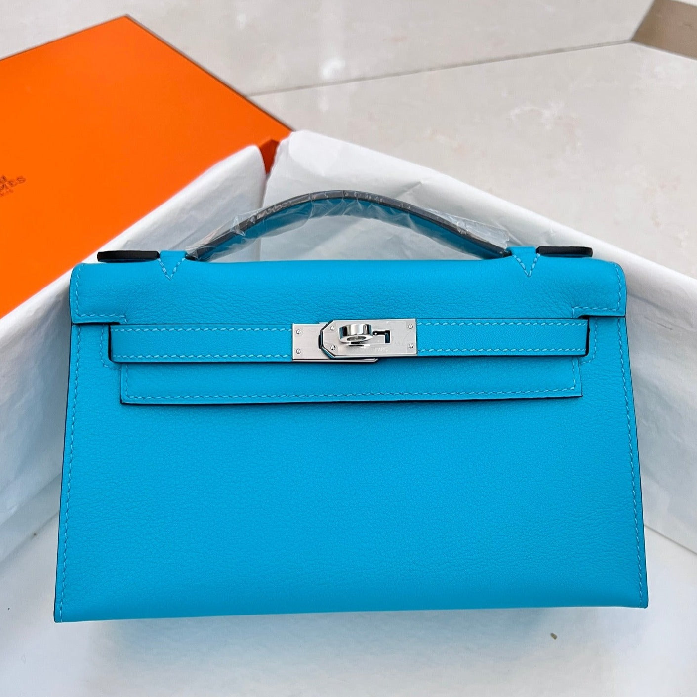 HM KELLY POCHETTE 22CM CERULEAN SWIFT SILVER HARDWARE