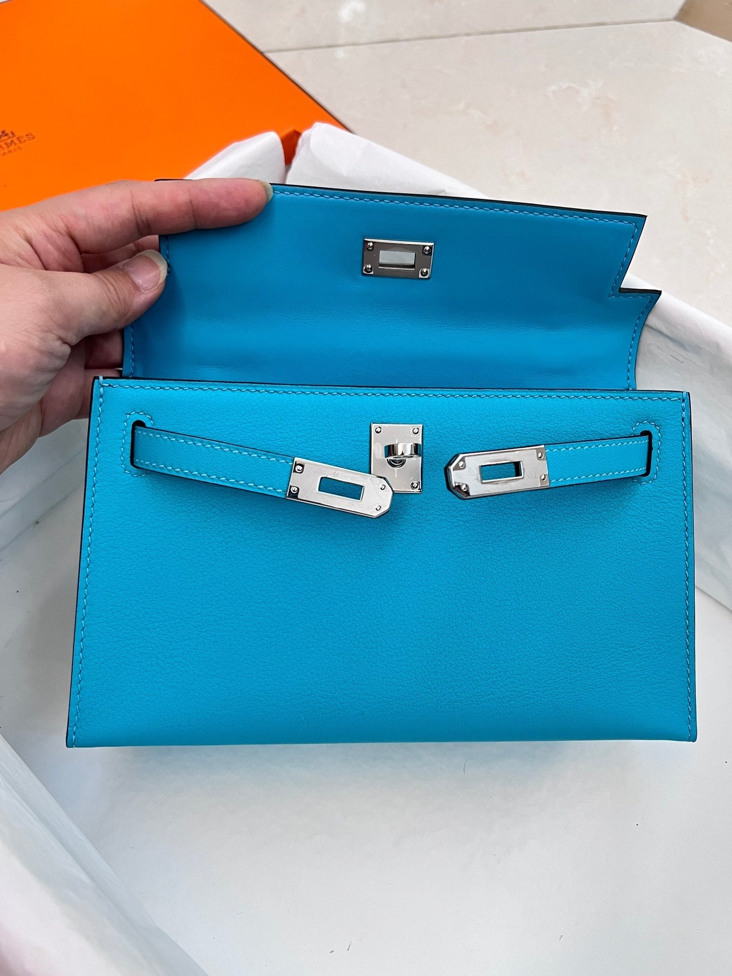 HM KELLY POCHETTE 22CM CERULEAN SWIFT SILVER HARDWARE