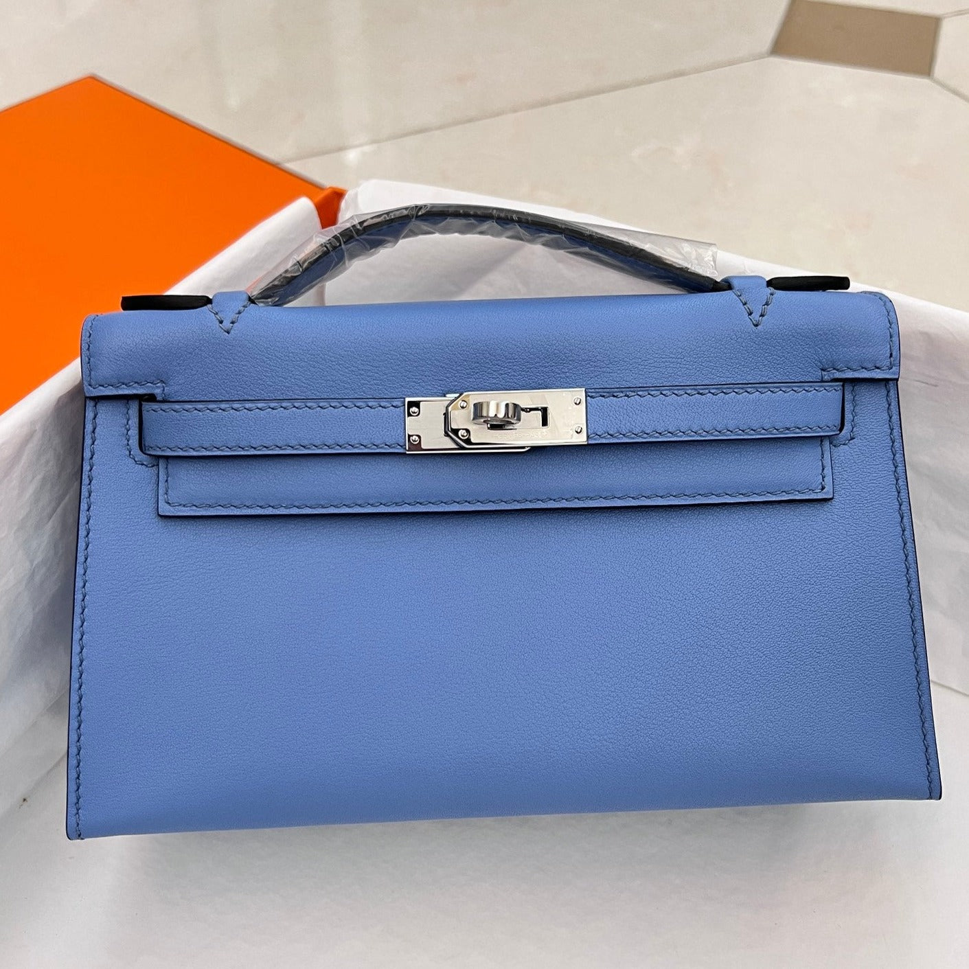 HM KELLY POCHETTE 22CM LIGHT BLUE SWIFT SILVER HARDWARE