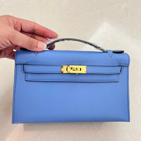 HM KELLY POCHETTE 22CM LIGHT BLUE SWIFT GOLD HARDWARE