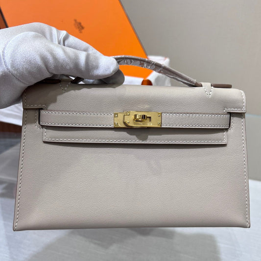 HM KELLY POCHETTE 22CM GREY SWIFT GOLD HARDWARE