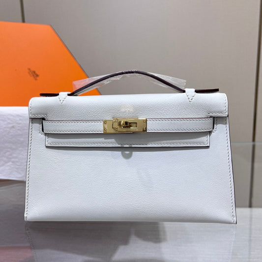 HM KELLY POCHETTE 22CM WHITE SWIFT GOLD HARDWARE