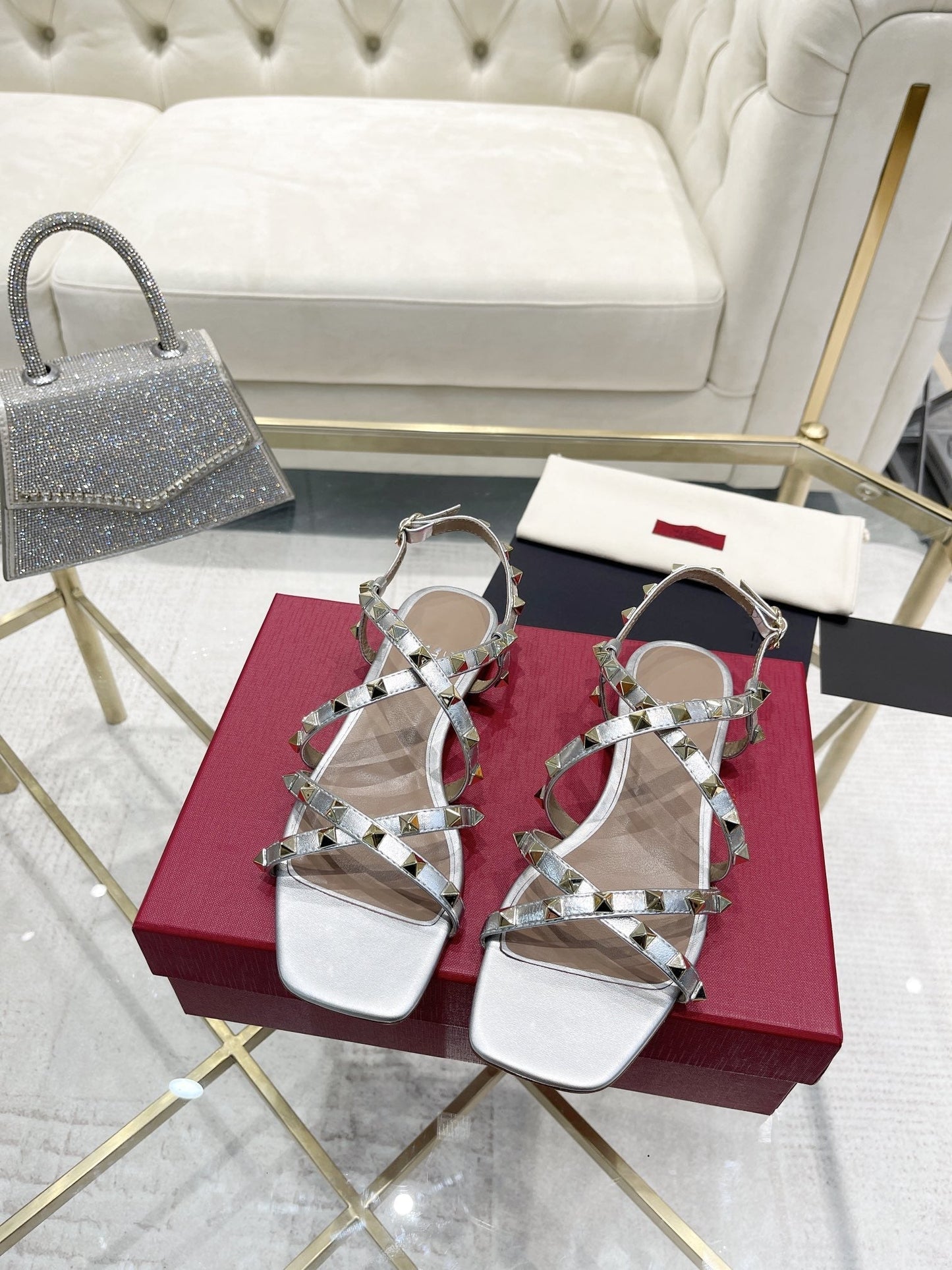 Rockstud 1cm Square Toe Rose Cannelle and Silver Leather Sandals