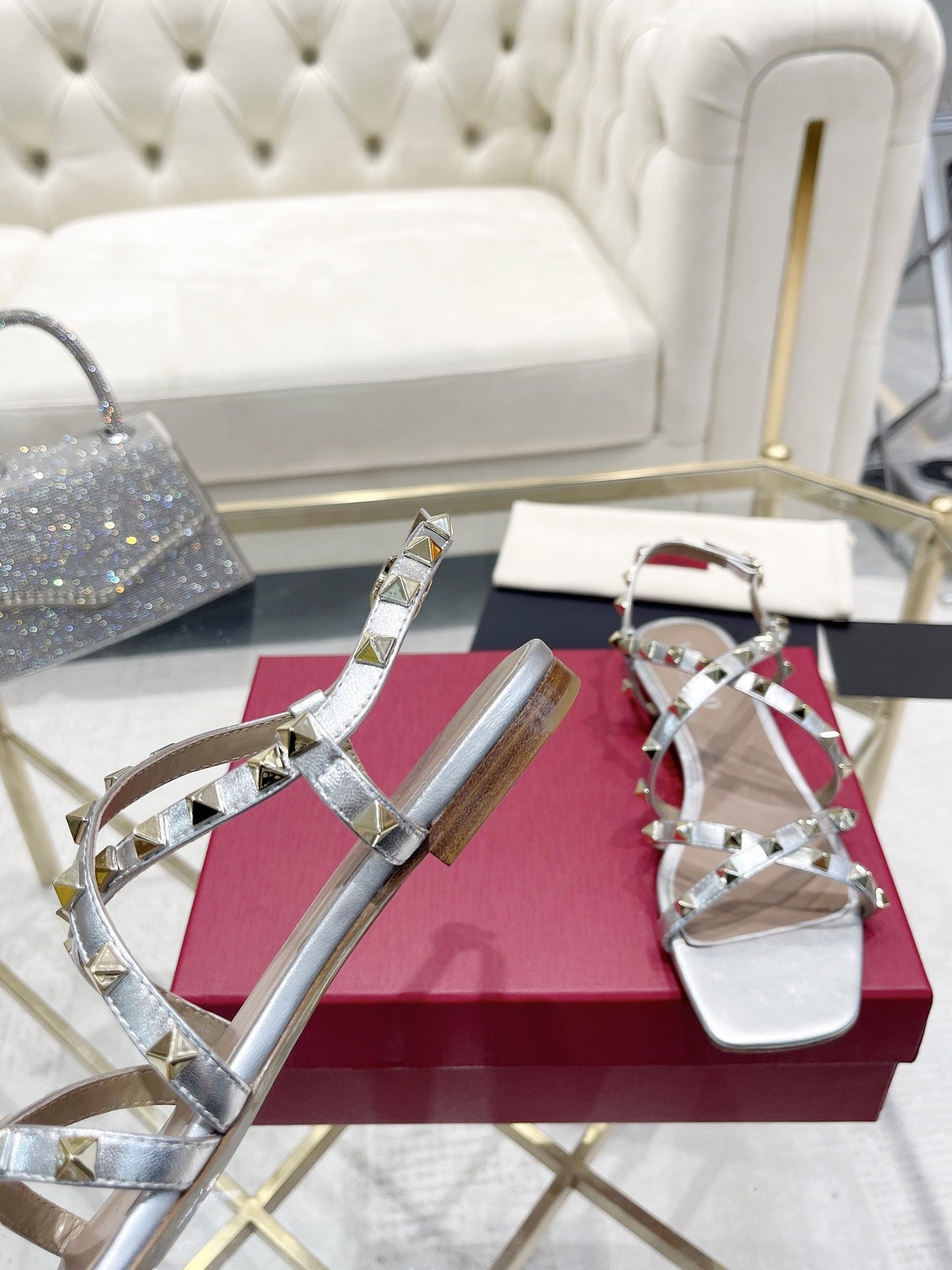 Rockstud 1cm Square Toe Rose Cannelle and Silver Leather Sandals