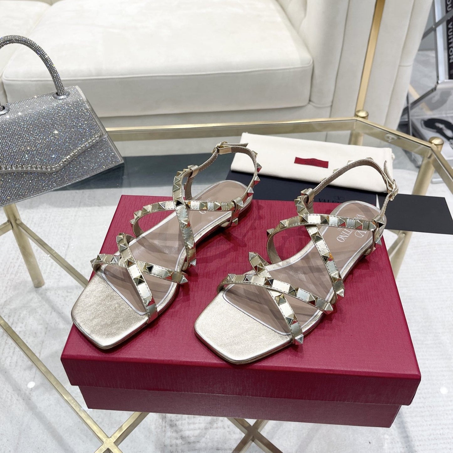 Rockstud 1cm Square Toe Rose Cannelle and Gold Leather Sandals